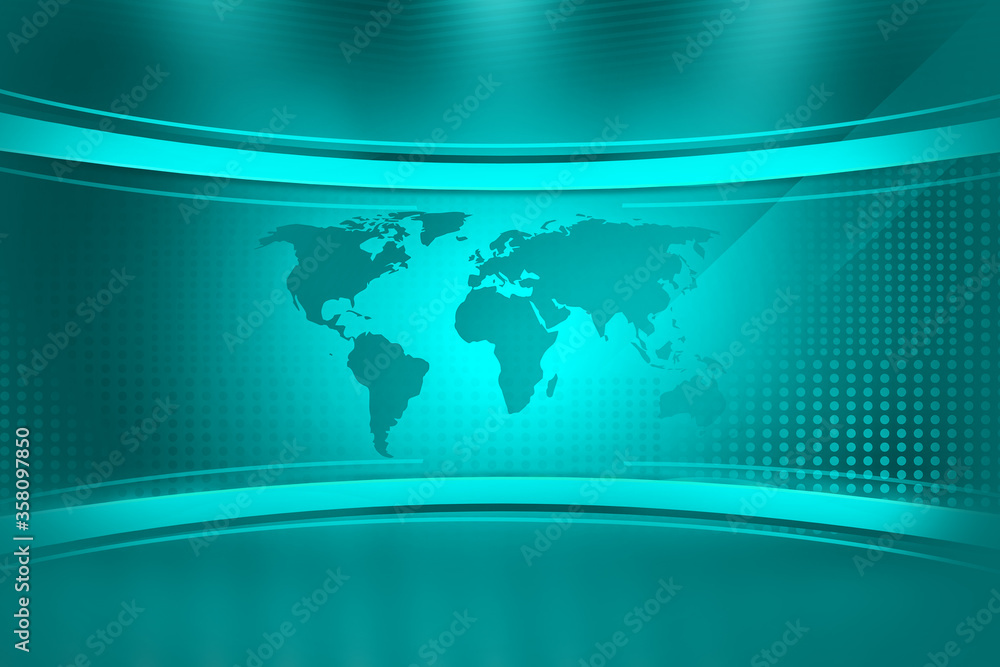 Poster media and studio lights with world map in center in blue background concept. abstract backdrop backg