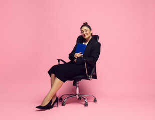 Paperwork. Young woman in office attire. Bodypositive female character, feminism, loving herself,...