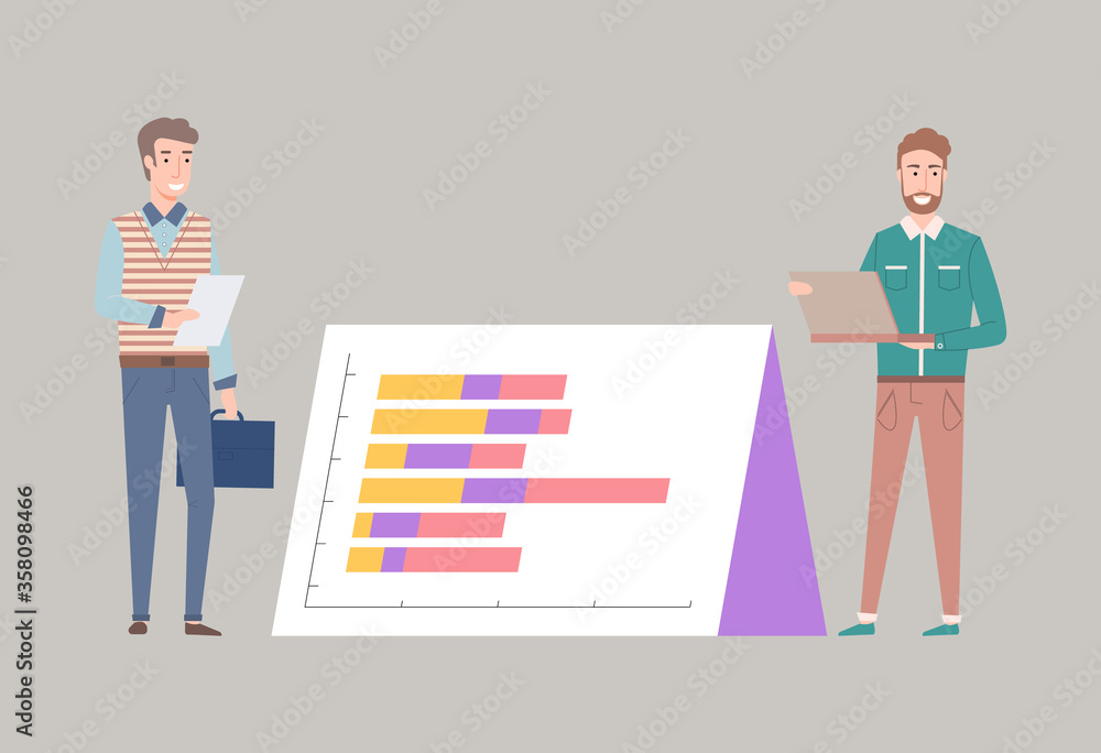 Poster presentation of business idea vector, man with papers and briefcase businessman with laptop analyzin