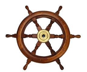 isolated image of wooden wheel made of oak with brass hub and turned handles for steering a ship or boat.