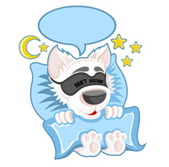 Character dog in the bed sleeping with blindfellen and speech bubble in cartoon style on white