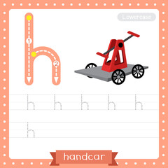 Letter H lowercase tracing practice worksheet. Handcar