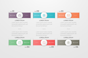 Infographic concept design with 6 options, steps or processes. Can be used for workflow layout, annual report, flow charts, diagram, presentations, web sites, banners, printed materials.