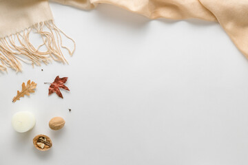 Autumn composition. plaid, candle, dried leaves on a white background. Autumnal, flat lounger, top view. Copy space