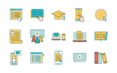 line and fill style icon set design, Education online and elearning theme Vector illustration