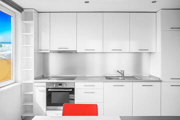 Fototapeta premium White kitchen furniture wall. White kitchen closeup.
