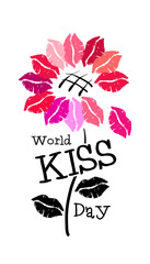 World kiss day. A flower made from the prints of women's lips, different shades of lipstick.  Greetings For design of postcards, posters, banners.