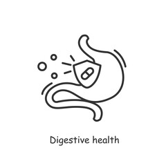 Digestive health icon. Thin line stomach sign with protective shield. Healthcare and medicine concept. Good probiotic bacteria for digestion system. Simple vector illustration.Editable stroke