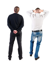 Fototapeta premium Back view of two business man in suit.