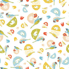 Vintage kitchen seamless bird pattern, cute birds and bowl, trendy design on white background. Retro vintage. Seamless vector pattern. For fabric, wallpaper, giftwrap or postcard design