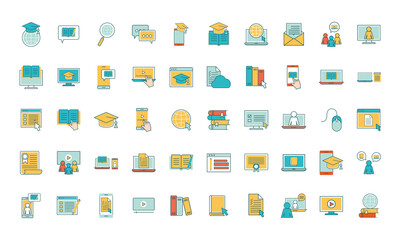 line and fill style icon set design, Education online and elearning theme Vector illustration