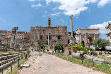 Panoramic view of Roman forum, also known by Forum Romanum or Foro Romano