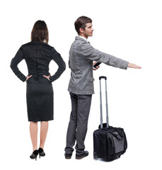 Back view of business women and business men in suit pointing.