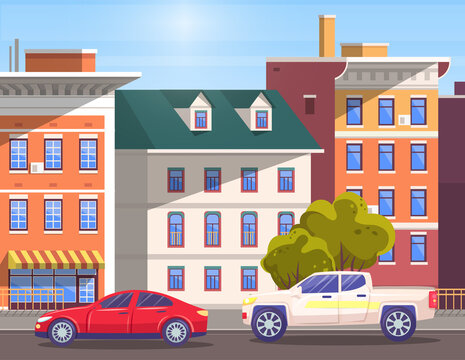 Street with cars driving along houses. Cityscape of modern city with buildings and estates, decorative plants. Vintage skyline with transports on road. Traveling on transport abroad. Vector in flat
