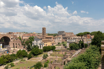 Panoramic view of Roman forum, also known by Forum Romanum from Palatine Hill
