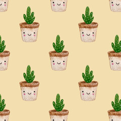 Cute cartoon succulent or cactus  plants in pots pattern with funny happy face. Watercolor house plants kids illustrations.