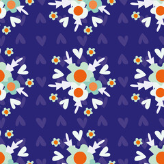 Wild meadow flowers seamless vector pattern background. Bouquets of neon florals on indigo backdrop. Folk country style geometric design. Modern all over print for garden and nature product concept