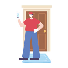 covid-19 coronavirus pandemic, delivery service, delivery man with smartphone in door home, wear protective medical mask