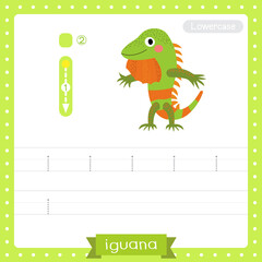 Letter I lowercase tracing practice worksheet. Iguana standing on two legs