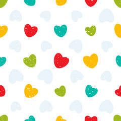 Seamless pattern with colorful hearts and simple grunge texture.
