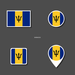 Barbados flag icon set in different shape (rectangle, circle, square and marker icon) on dark grey background. Barbados sticker flag icon collection on barely dark background.