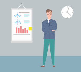 Man at workplace vector, businessman with whiteboard and information with details, office worker on seminar, serious boss in office with clock on wall