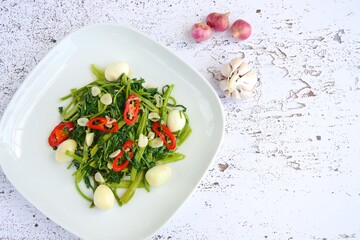 Tumis Kangkung Telur Puyuh (Stir-fried Water Spinach with Quail Eggs)