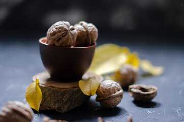walnuts on a black background