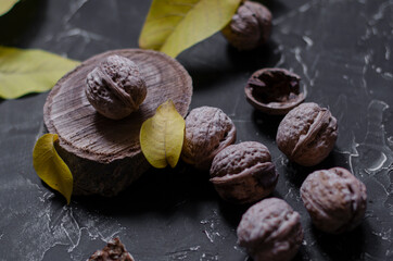 walnuts on a black background