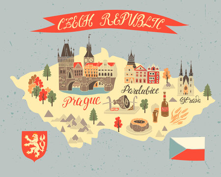 Cartoon map of Czech Republic. Travel and attractions of Eastern Europe. National character