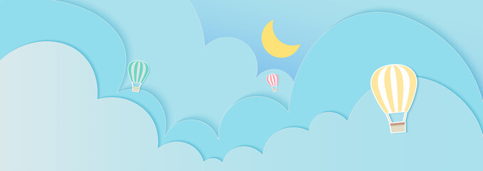 Hot air balloon on blue sky background, abstract cloud background with drop shadow, soft pastel color, paper cut and craft style, Concepts, colors and relaxing atmosphere ,vector illustration