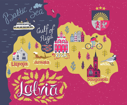 Cartoon map of Latvia. Travel and attractions of Eastern Europe