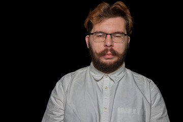 sleepless portrait Caucasian white man bearded face and glasses office worker person on black...