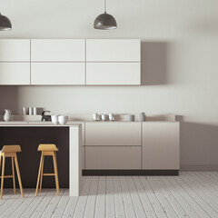 modern kitchen with minimal objects, wooden bar stool and wooden floors front view