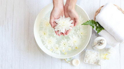Fototapeta na wymiar Spa beauty massage health wellness. Spa Thai therapy treatment aromatherapy for nail and hands 