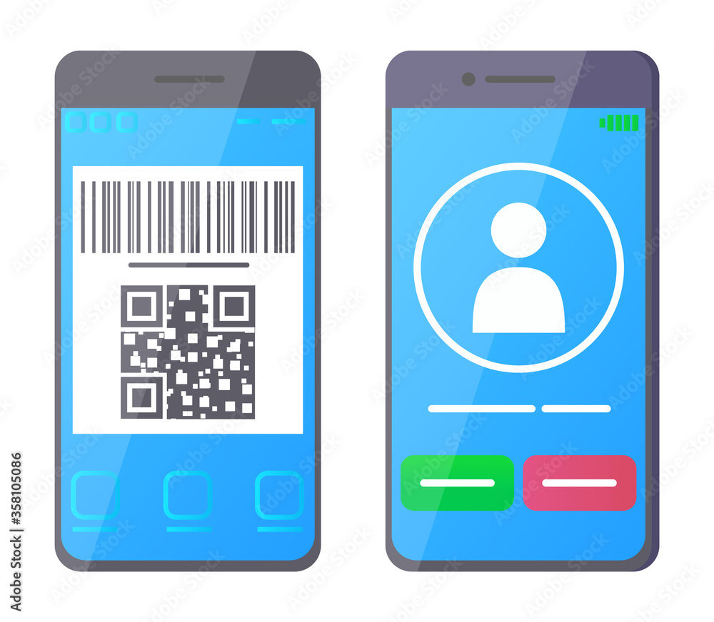 Poster screen of touchscreen phone with outgoing call and barcode app, flat style of wireless device, moder