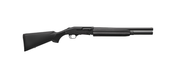 Modern semi-automatic tactical shotgun isolate on white background. Modern weapons on a light background.