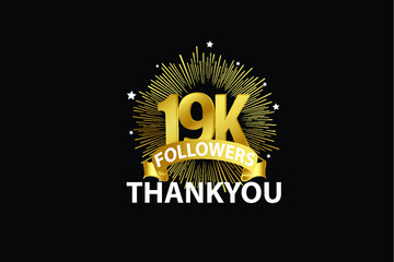 19K,19.000 Followers anniversary, minimalist logo years, jubilee, greeting card. invitation. Sign Ribbon Gold space vector illustration on black background - Vector