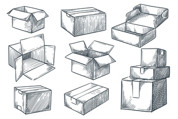 Cardboard boxes set. Closed and open empty postal packages collection. Vector hand drawn sketch illustration - 358105259