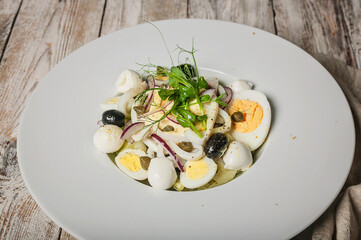 Close-up Mediterranean food. Salad with squid rings, red onions, mozzarella, olives, quail eggs and capers on a white plate.