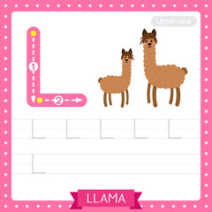 Letter L uppercase tracing practice worksheet of Brown Llama