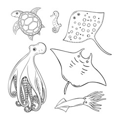 Sea life hand drawn set. Set with doodle sea animals.