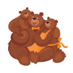 Family of bears - father, mother and child in cartoon style. Vector illustration isolated on white background
