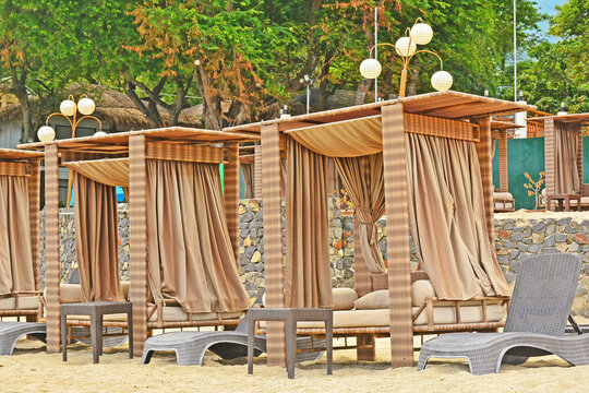 Beach hut and bed furnitures of resort in Batangas, Philippines