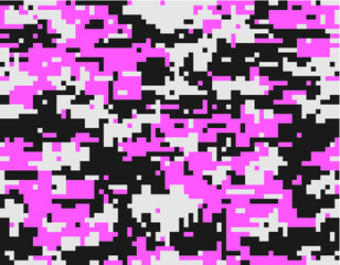 Feminine camouflage  seamless pattern. Digital (pixelated) texture. Pink, white and black color.