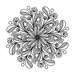 Vector floral mandala. Hand drawn doodle illustration with flowers, leaves and berries. Abstract art for coloring book. Outline. Isolated on white background.
