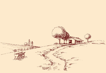 Idyllic rustic landscape sketch, the road to a small farm hand drawing