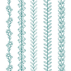 Hand drawn seamless floral design elements set. Leaves and flowers endless sketch drawing. Floral brushes.