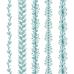 Hand drawn seamless floral design elements set. Leaves and flowers endless sketch drawing. Floral brushes. © Goga