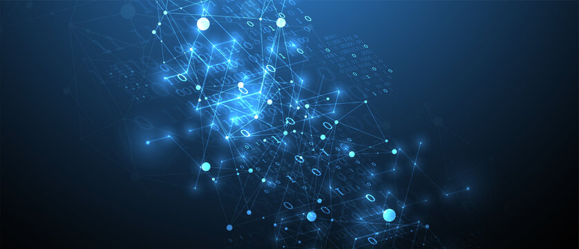 Technology background with plexus effect. Big data concept. Binary computer code.  Vector illustration.